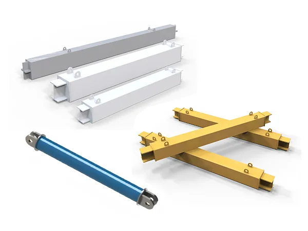 Yellow, gray, white square and blue circular buckling restrained braces arranged in order.