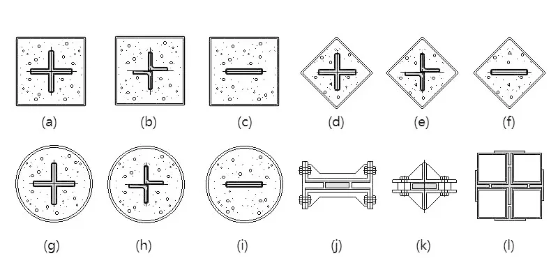 Cross-sectional views of buckling restrained brace steel cores with different layouts.