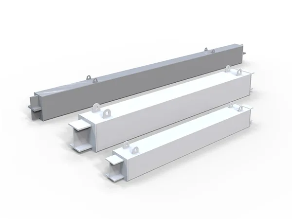 A gray and two white square buckling restrained braces arranged in order.